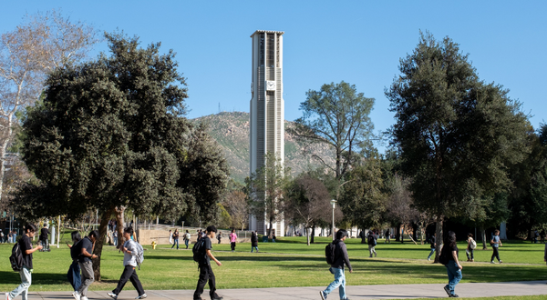 UCR Bell Tower with students walking