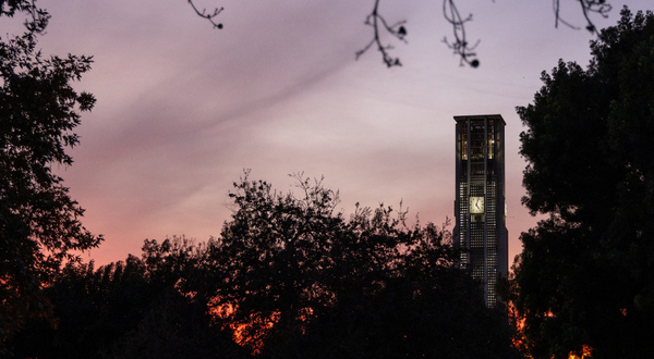 UCR bell tower during an evening sunset