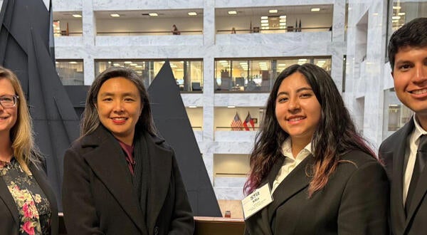 Angel Zarobinski, Mia Alvarado, Logan Reynosa, and faculty mentor Dr. Stephanie Dingwall in Washington, D.C.