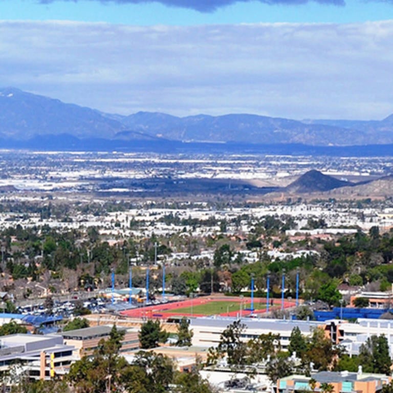 Aerial view of the campus and moutains (c) UCR