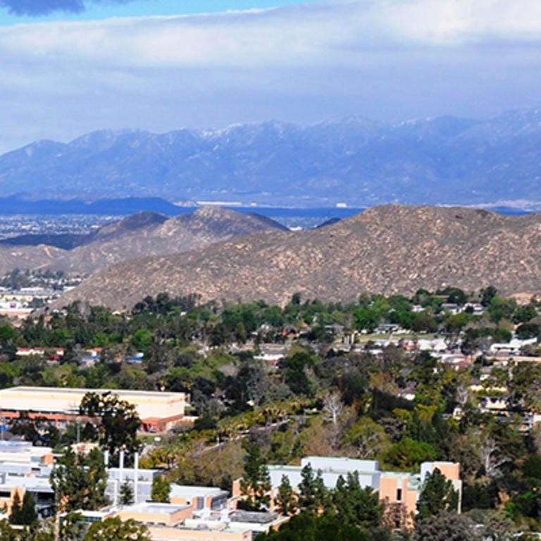 Aerial view of the campus and moutains (c) UCR