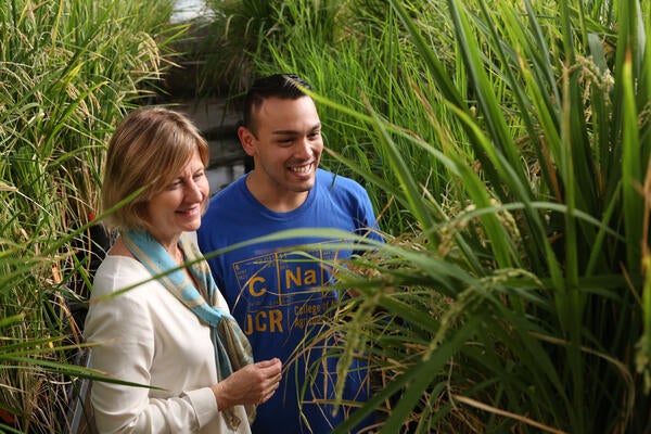 CNAS student & professor in the greenhouse