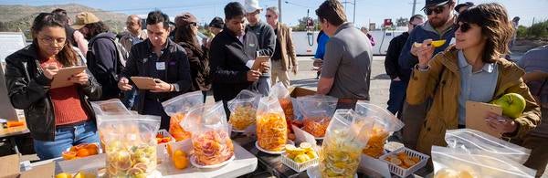 Tasting and rating new varieties of citrus developed at UC Riverside. (Stan Lim/UCR)