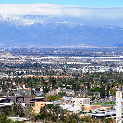 Aerial view of the campus and moutains (c) UCR