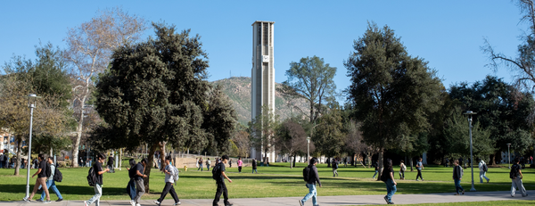 UCR Bell Tower with students walking