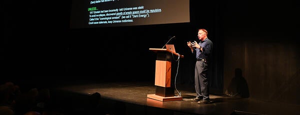 Nobel Prize-winning physicist Adam Riess speaking at UC Riverside