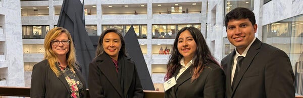 Angel Zarobinski, Mia Alvarado, Logan Reynosa, and faculty mentor Dr. Stephanie Dingwall in Washington, D.C.
