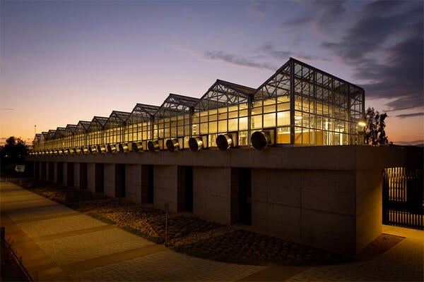 Plant Research 1 Building (PR1) at UC Riverside at dusk