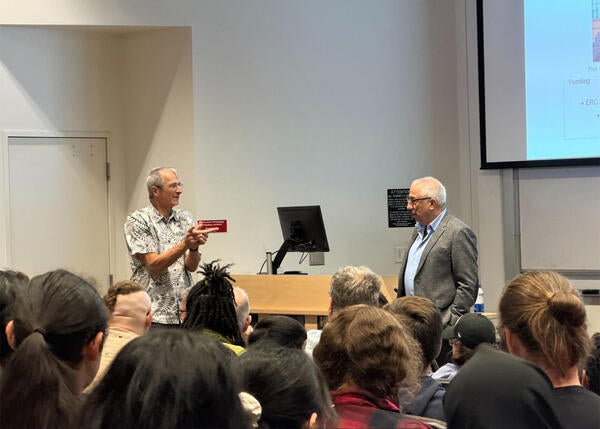 Richard Scrock and Amir H. Hoveyda at lecture in UC Riverside.