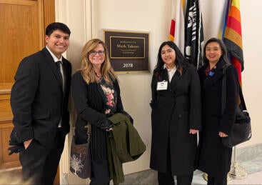 Angel Zarobinski, Mia Alvarado, Logan Reynosa, and faculty mentor Dr. Stephanie Dingwall at Congressman Mark Takano's office.