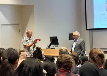 Richard Scrock and Amir H. Hoveyda at lecture in UC Riverside.