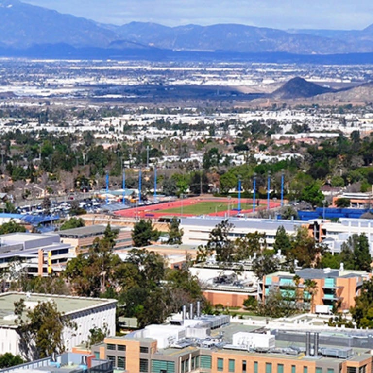 Aerial view of the campus and mountains (c) UCR
